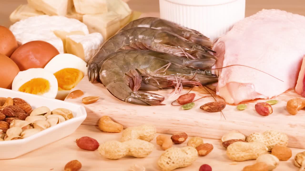 A selection of protein-rich foods including shrimp, cheese, eggs, and nuts displayed on a wooden table.