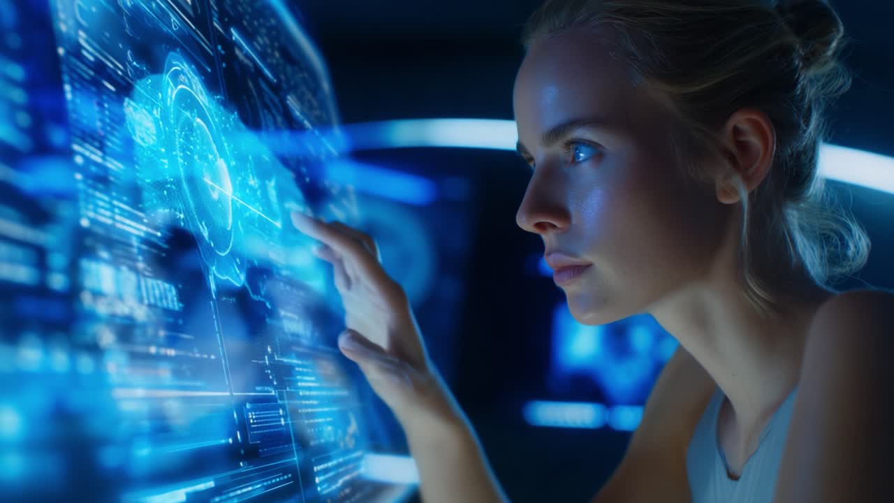 A futuristic scene showcasing a woman interacting with advanced digital technology, displaying complex data visualizations and holographic interfaces in a high-tech environment