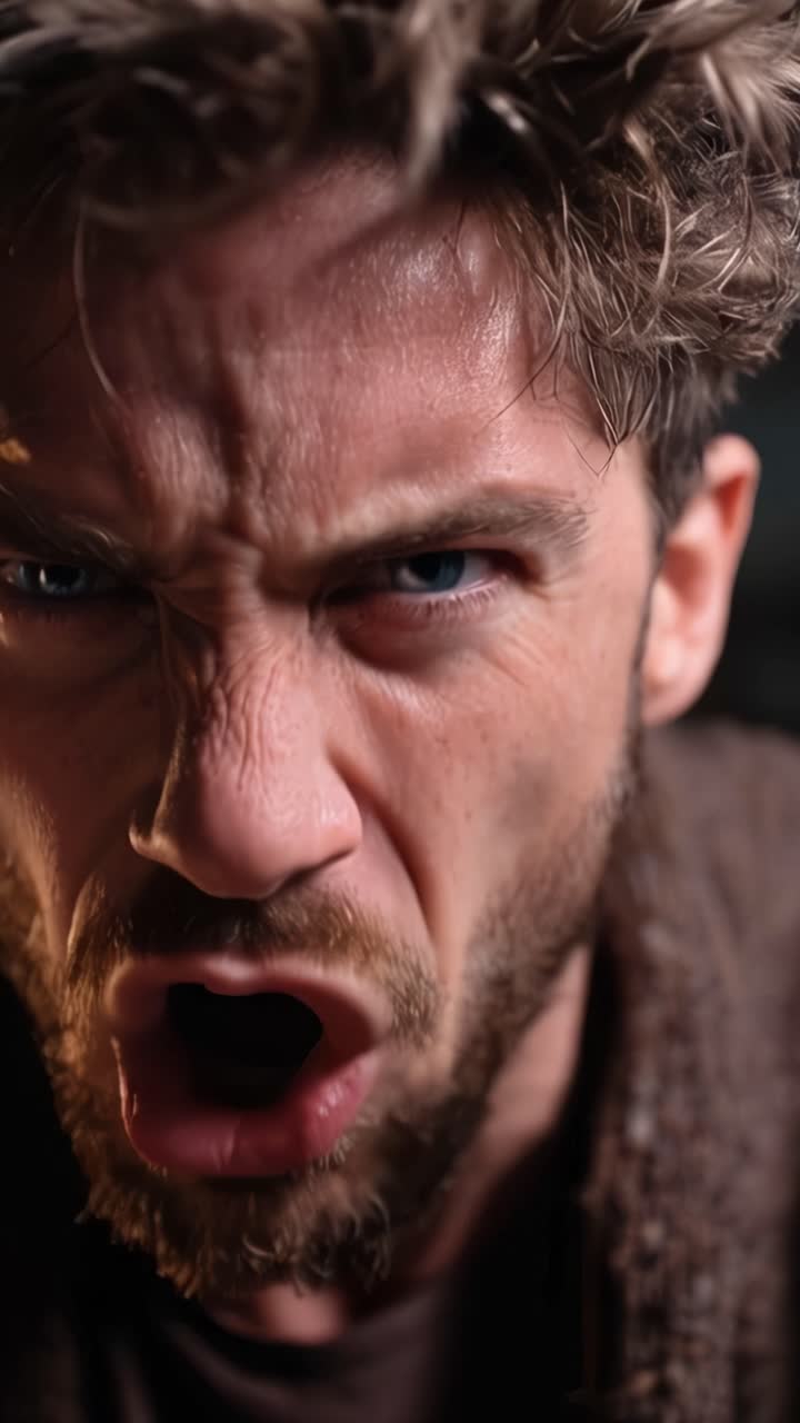 Intense Emotional Expression of an Angry Man with Piercing Blue Eyes, Captured in a Close-Up Frame, Showcasing Raw Feelings and Dramatic Facial Features