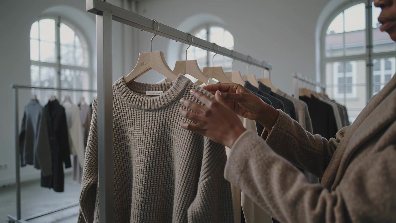 Avvicinandosi allo stand, una donna con un cappotto color cammello tocca un maglione in maglia su una gruccia, controllandone la qualità nello showroom