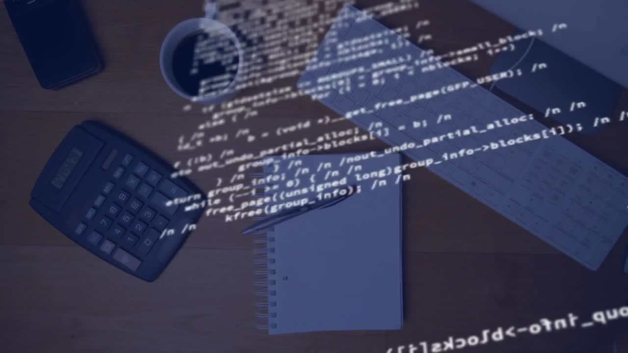 Animation of financial data processing and over calculator and papers