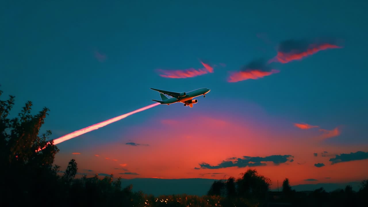 A stunning transition from dusk to evening as an airplane gracefully ascends against a vibrant skyline, leaving a trail of vapor in its wake, painting the sky with hues of orange, pink, and blue, embodying the essence of travel and exploration