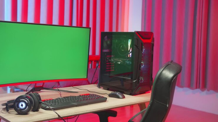 PC da gaming con monitor a schermo verde mock-up