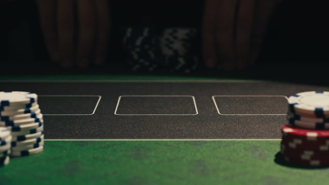 Mani che gestiscono fiches da poker su un tavolo verde, riflettendo un'intensa partita a poker con l'elemento di fortuna e abilità