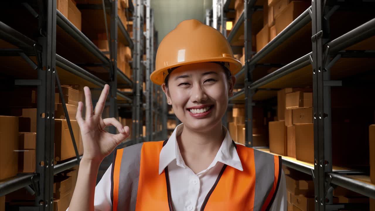 창고 직원이 ok 신호를 주고 있습니다.
