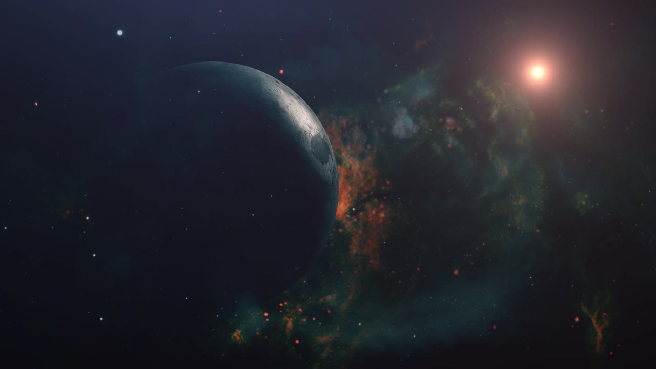 4K en planet og sol med nebulaskyer i baggrunden.