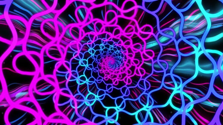 Animação de rastros de luz neon roxos e rosa e malha sobre fundo preto