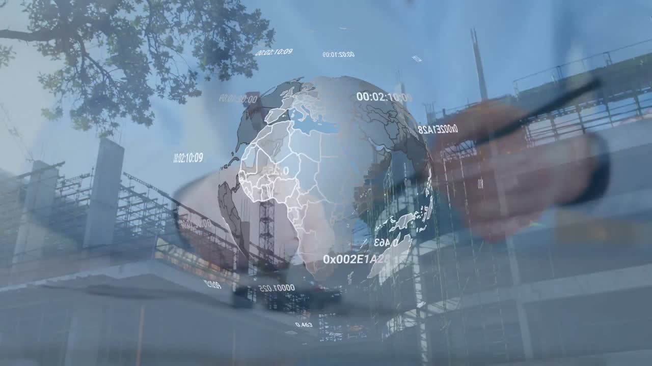 animación del globo y las coordenadas sobre las manos del empresario caucásico y el sitio de construcción