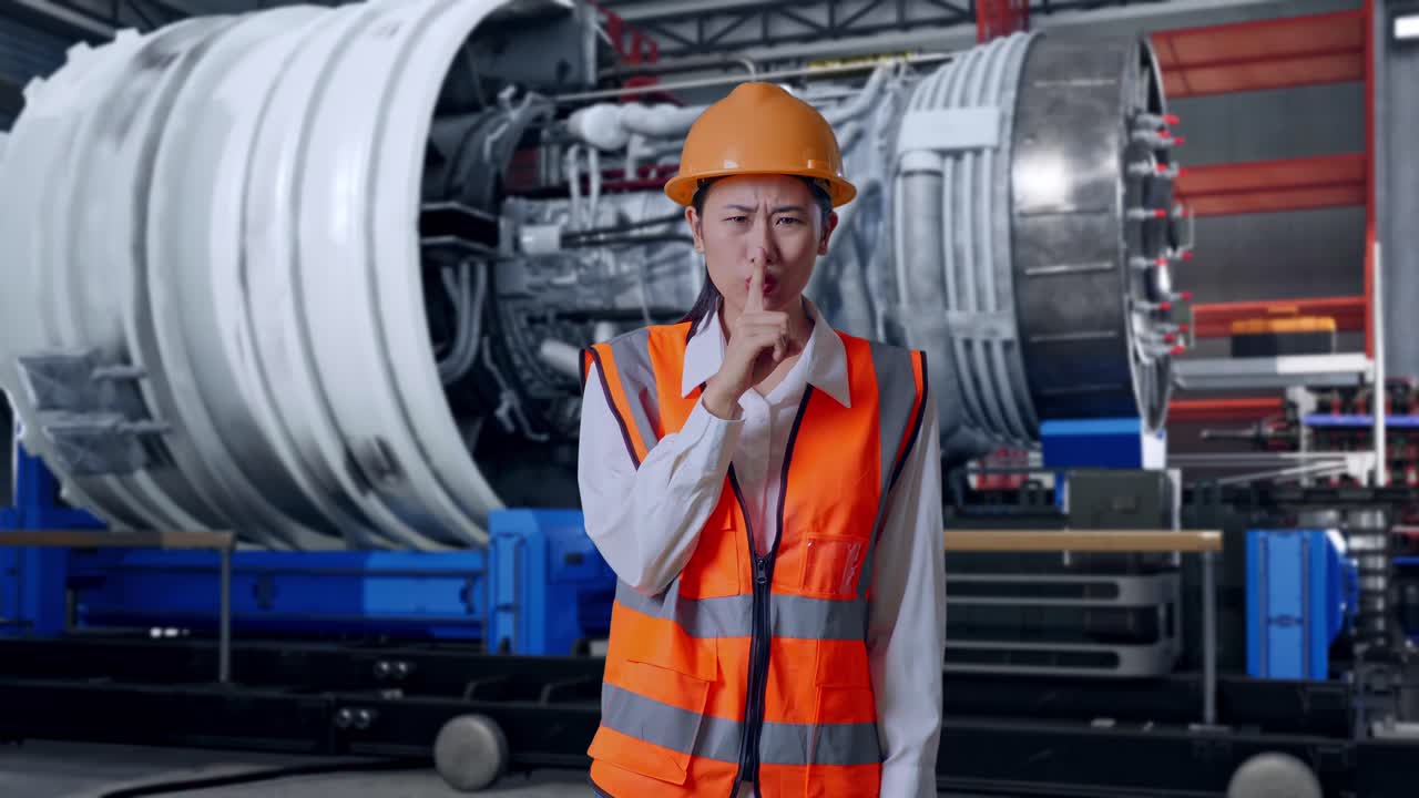 Asian Female Engineer With Safety Helmet Making Shh Gesture While Standing With Airplane Engine Maintenance Conducted