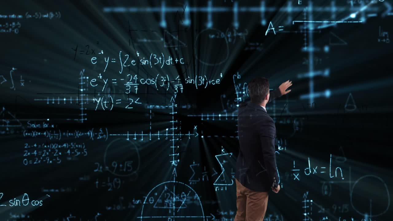 보이지 않는 화면을 만지는 백인 사업가에 대한 수학 방정식의 애니메이션