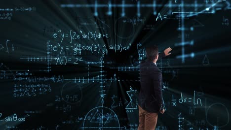 Animation-of-mathematical-equations-over-caucasian-businessman-touching-an-invisible-screen