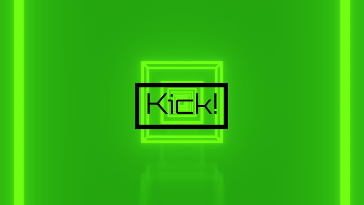 animación de texto de patada y cuadrados sobre fondo verde