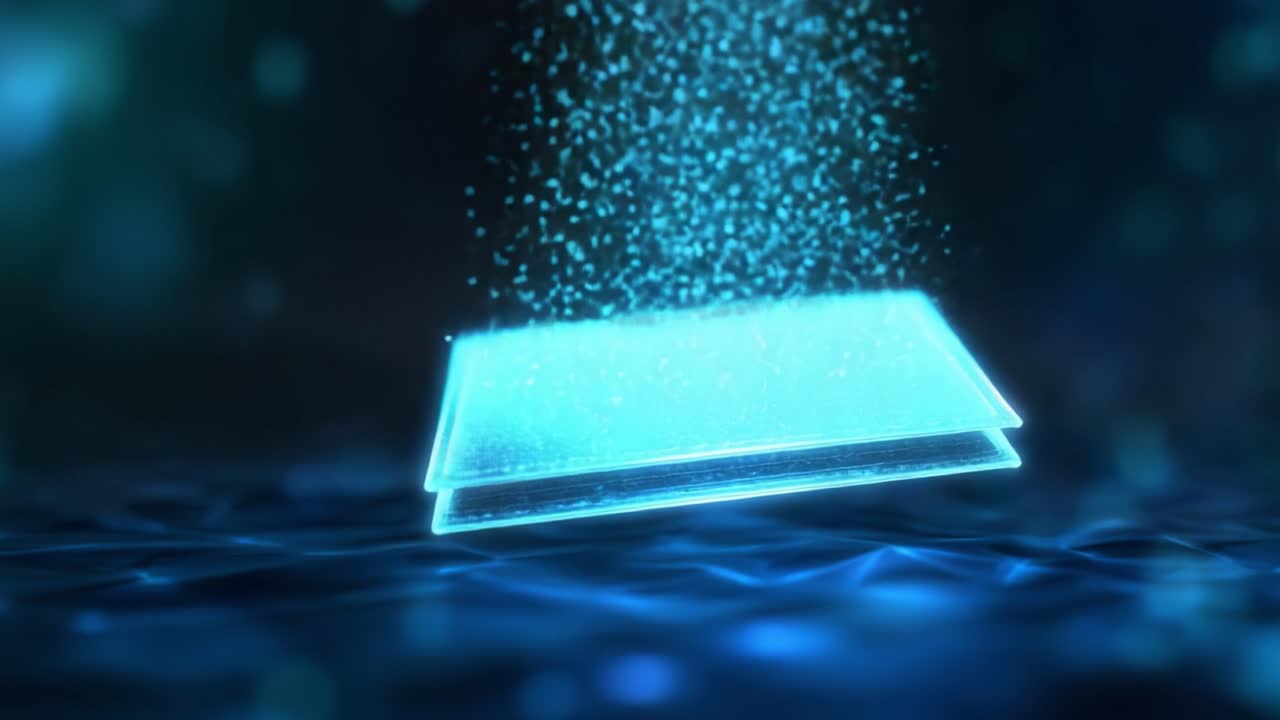 Pannelli fluttuanti illuminati circondati da particelle luminose che creano un'atmosfera da sogno con una mistica tonalità blu in un paesaggio digitale surreale