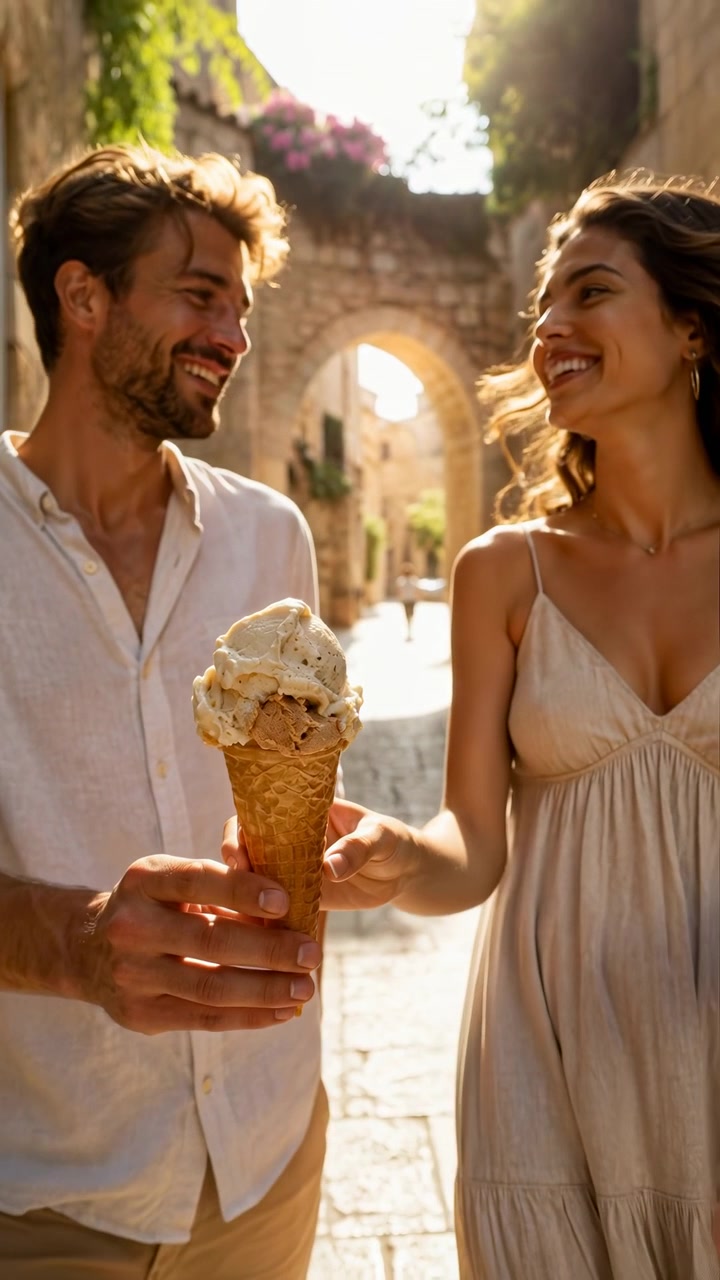 Uomo e donna stanno vicini in uno stretto vicolo in pietra illuminato dal sole, tenendo insieme un grande cono waffle con gelato cremoso, sorridendo e guardandosi negli occhi, con una calda retroilluminazione, vegetazione soffice e texture di ciottoli.