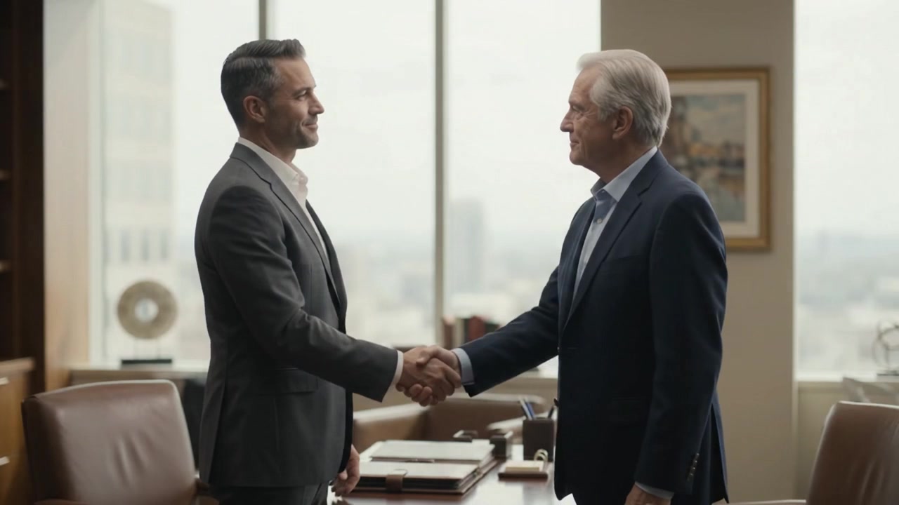 Two Businessmen Shaking Hands After a Successful Meeting in an Office