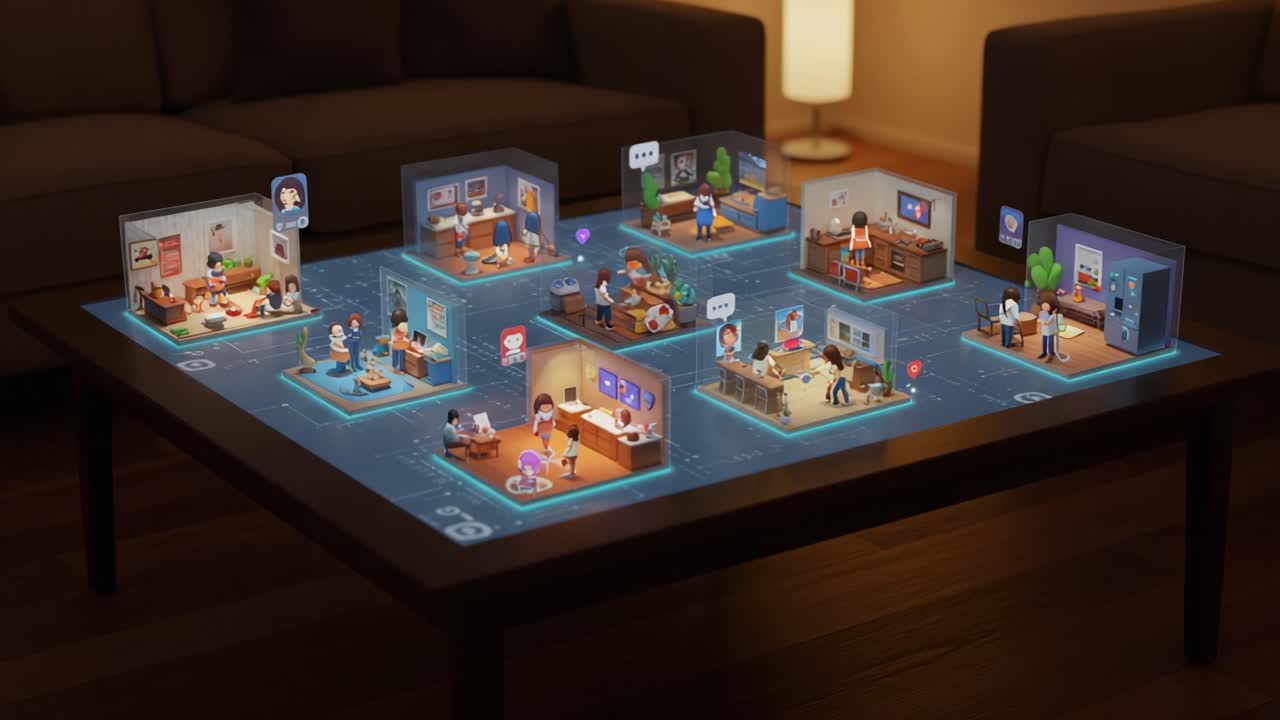 Interactive Virtual Game Board Displaying Diverse Living Spaces with Characters Engaged in Activities, Highlighting Connectivity and Game Mechanics