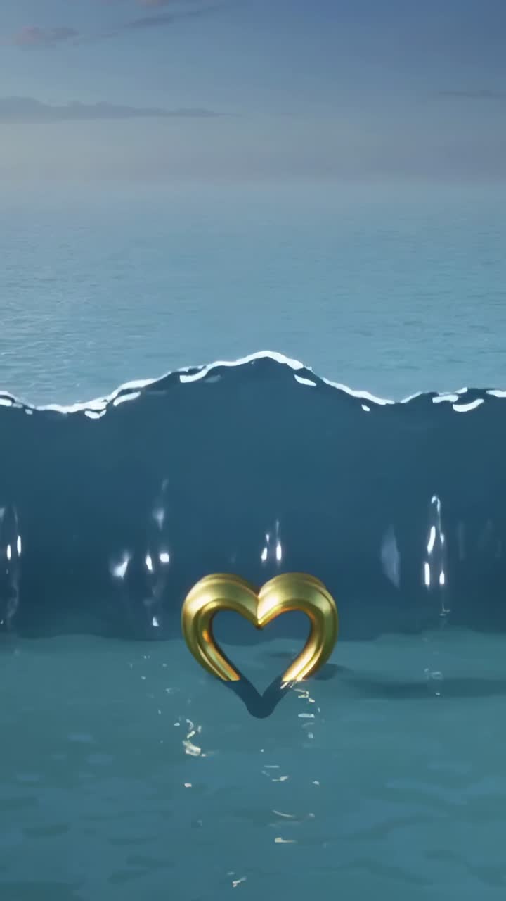 Vertical video: Rising gold double heart on zoom, pushing sea water, showing tiny heart and waves
