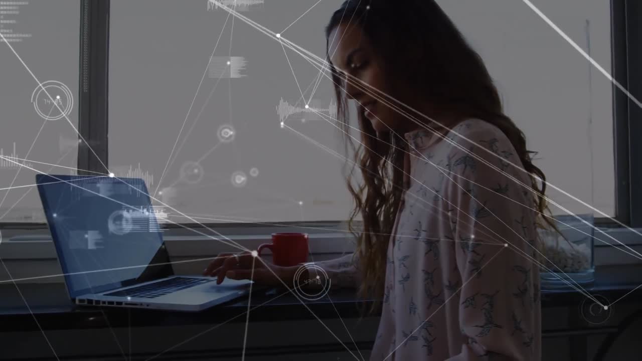 vr 헤드 ⁇ 을 착용한 여성에 대한 연결 네트워크의 애니메이션