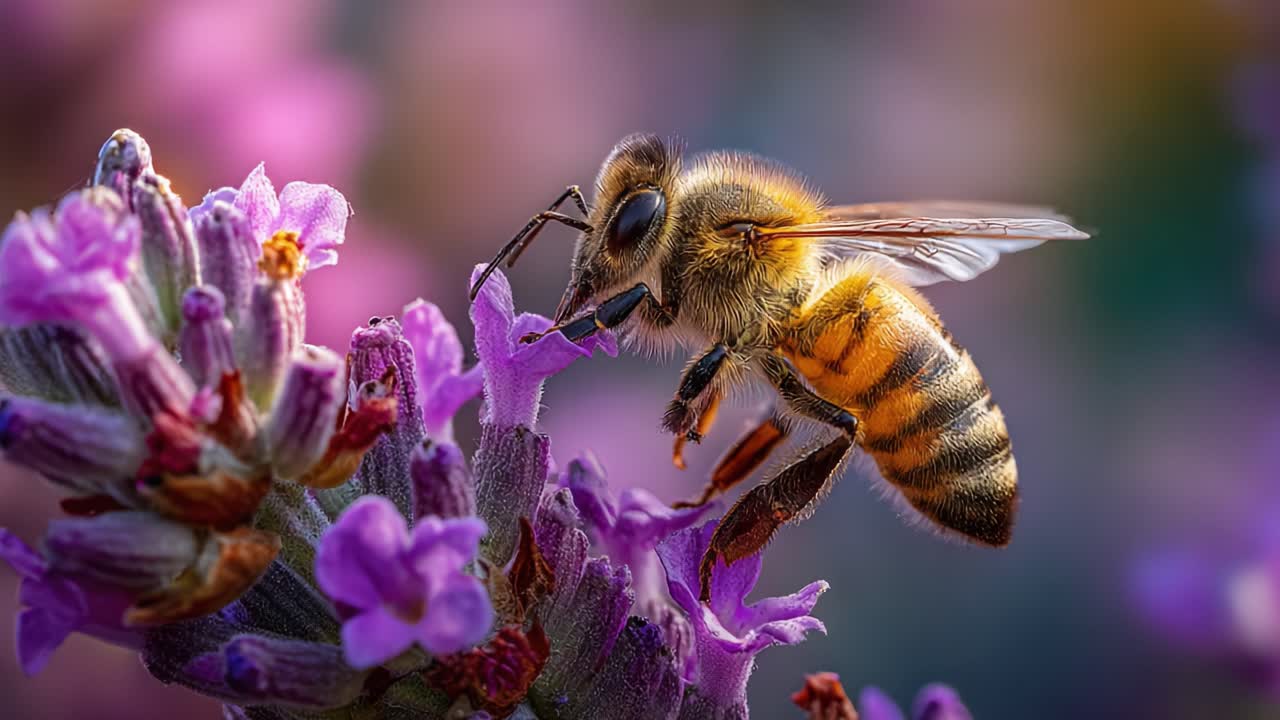 A Close-Up Glory of Nature: A Bee Pollinating Vibrant Lavender Flowers in a Colorful Garden Scene Captured in Stunning Detail