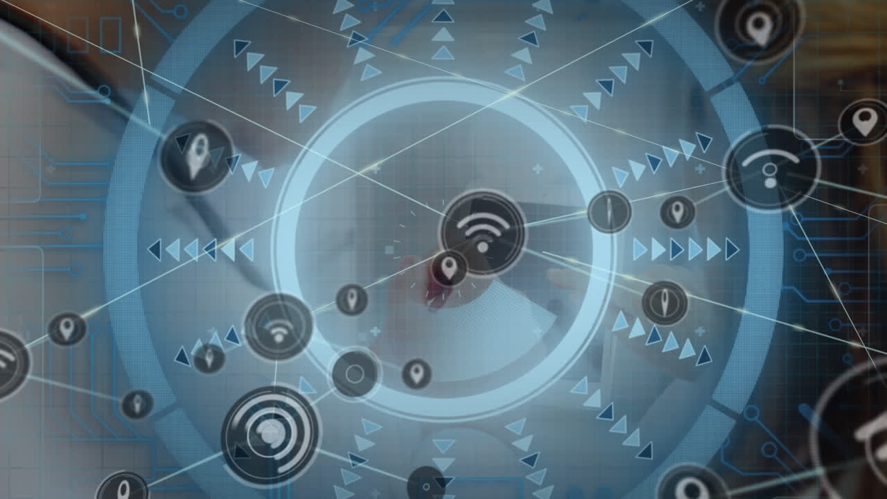 연결 네트워크의 애니메이션 및 다양한 비즈니스 사람들을 스캔하는 범위 태블릿을 사용합니다.