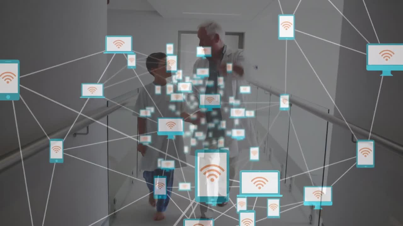 animación de conexiones sobre caucásico médico masculino sénior caminando y hablando con un niño