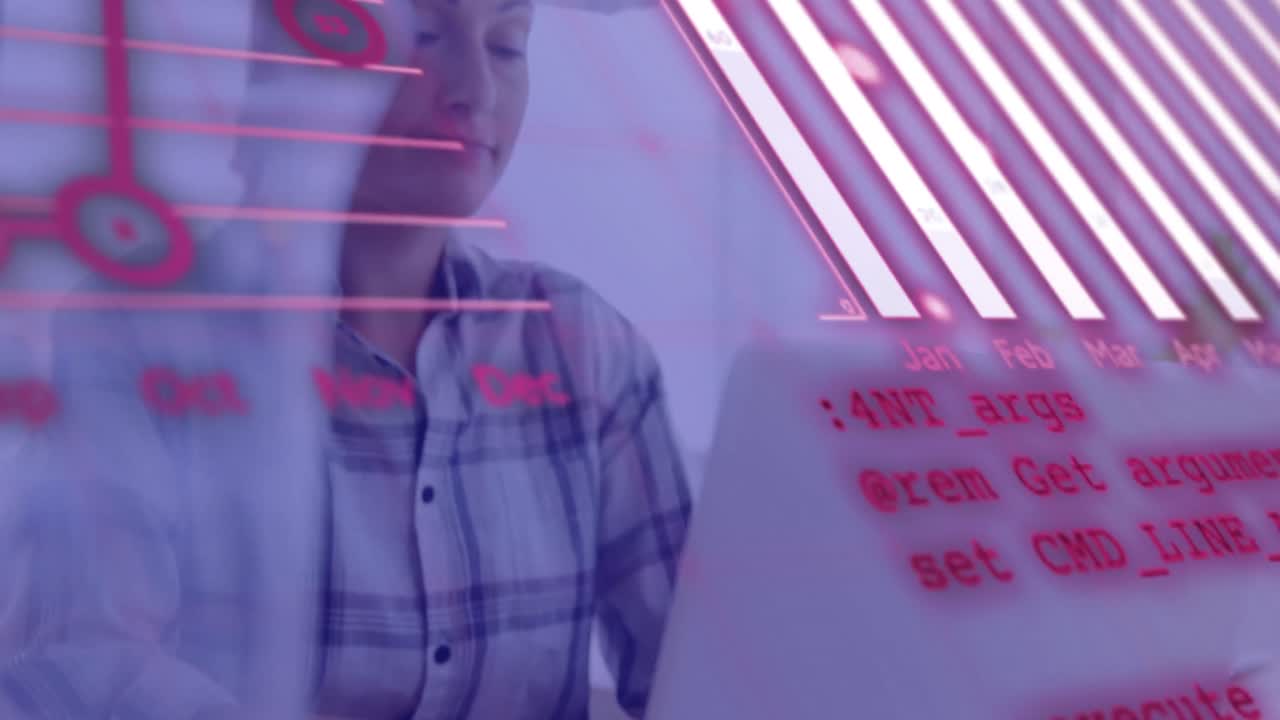 animación de gráficos, globo terráqueo y lenguaje informático, mujer caucásica trabajando en una computadora portátil