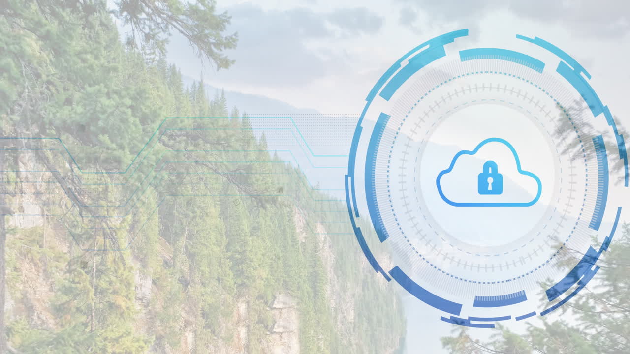 Cloud security icon animation over forest landscape with digital network overlay