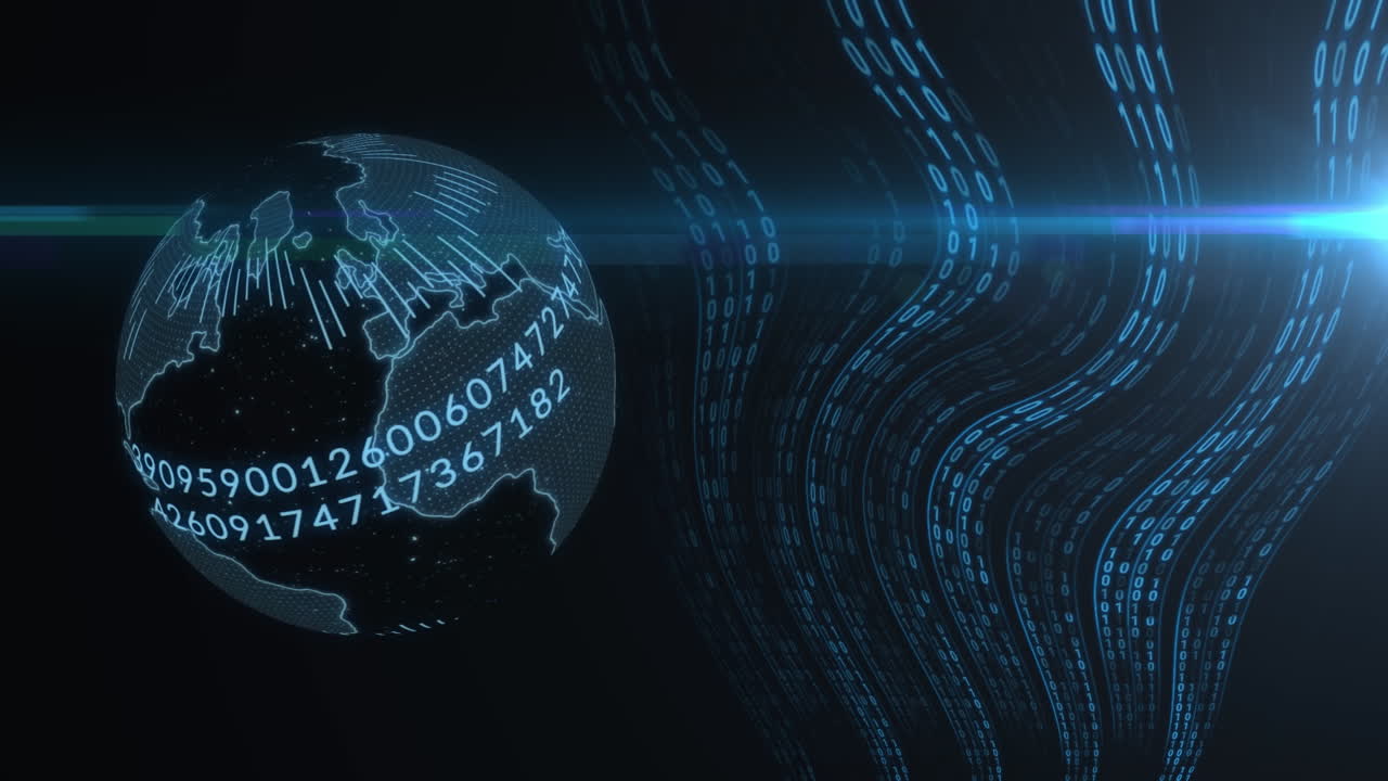 Animation of data processing and globe on black background