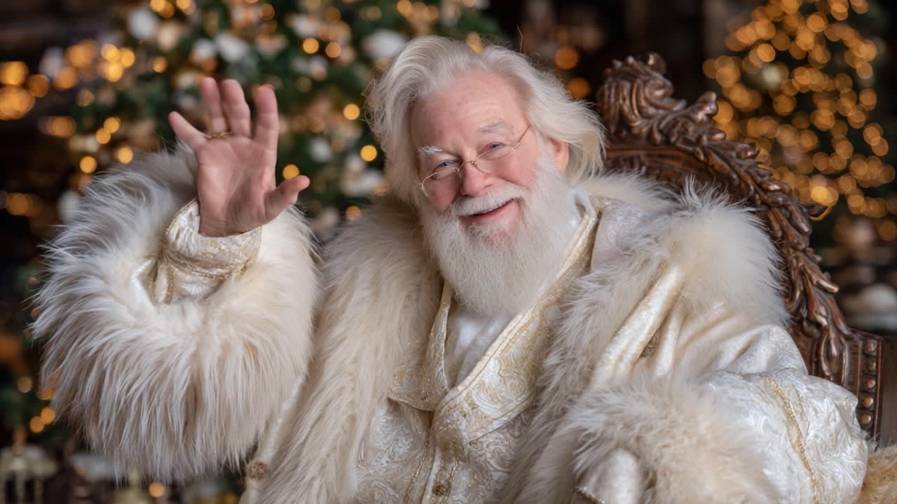A Jolly Figure in a Festive Setting: Celebrating the Spirit of Joy and Giving with a Warm Smile, Furry Robe, and Enchanting Holiday Ambiance