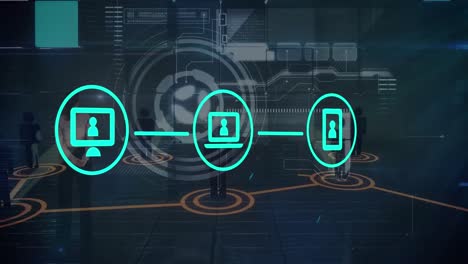 animation of network of connections with icons and scope scanning over black background