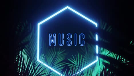 animation of music text over neon shape and leaves on black background