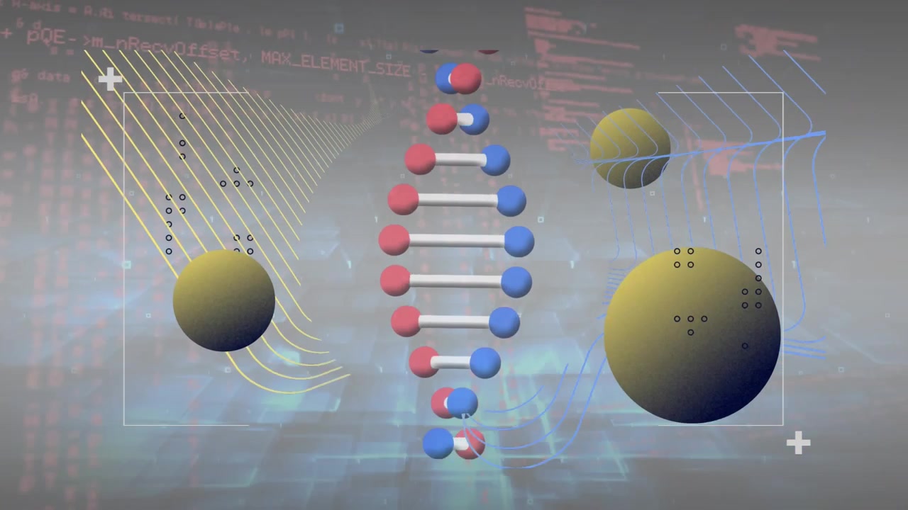 Animation of dna strand spinning over data processing and human body