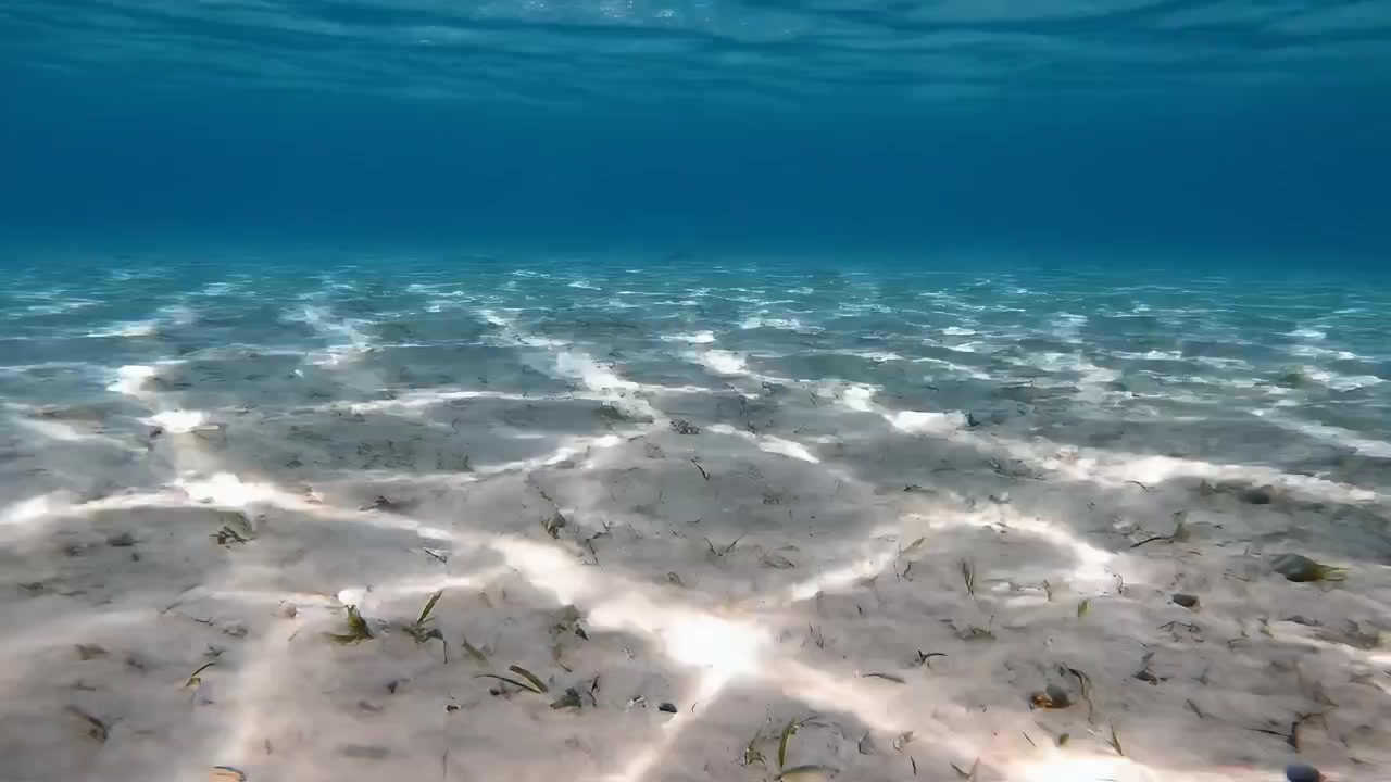 Sollys kaustikk på sandig havbunn under vann