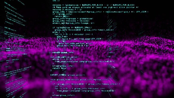 Animation of data processing and purple spots over black background