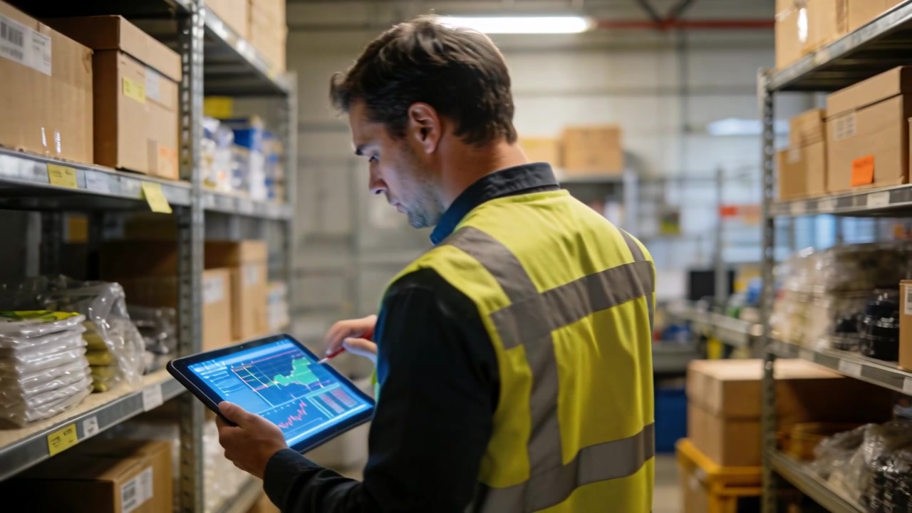 Viewing tablet charts, worker wearing hi-vis vest tapping red stylus in warehouse aisle for stock