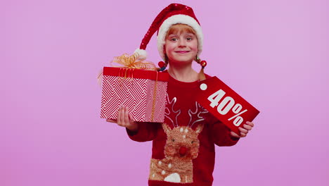 Toddler-girl-in-Christmas-hat-showing-gift-box-and-40-Percent-discount-inscriptions-banner-note-text