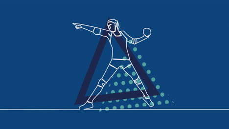 animation of drawing of female handball player throwing ball and triangles on blue background