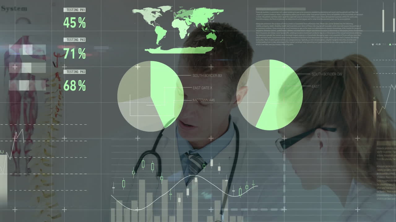Two doctors reviewing medical data in exam room, overlaying pie charts, bar graphs, spine model