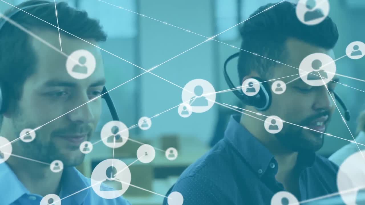 animación de la red de conexiones con iconos sobre diversas personas de negocios que usan auriculares telefónicos