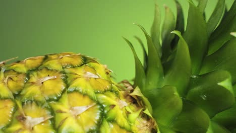 Wassertropfen-Fallen-Und-Spritzen-In-Ananas-Vor-Grünem-Hintergrund,-Superzeitlupe