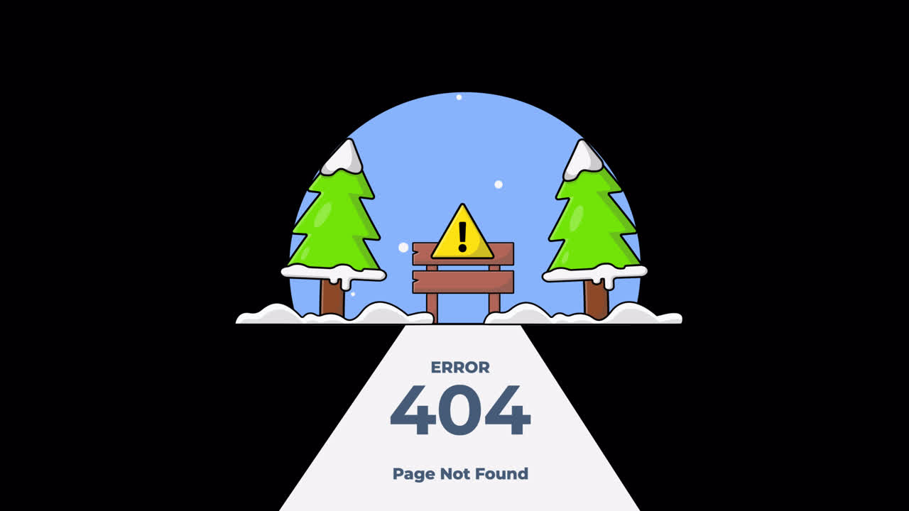 Animeret fejl 404 – side ikke fundet, med vinterscene