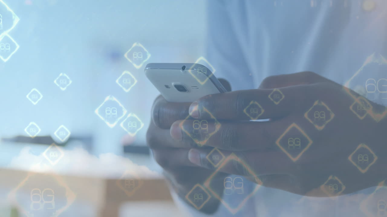 man holding smartphone in business technology workspace, displaying floating 6G network icons