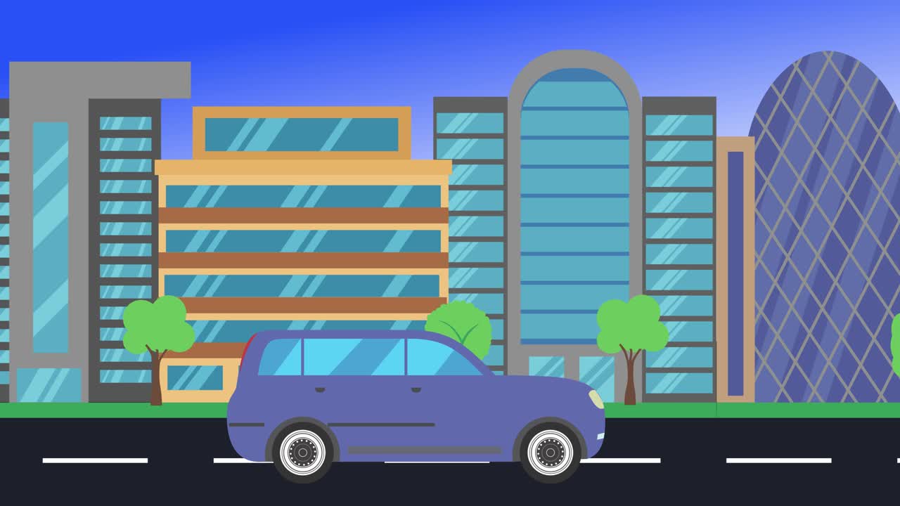 guida di auto in giro per la città vista laterale, animazione a loop, sfondo a disegno piatto