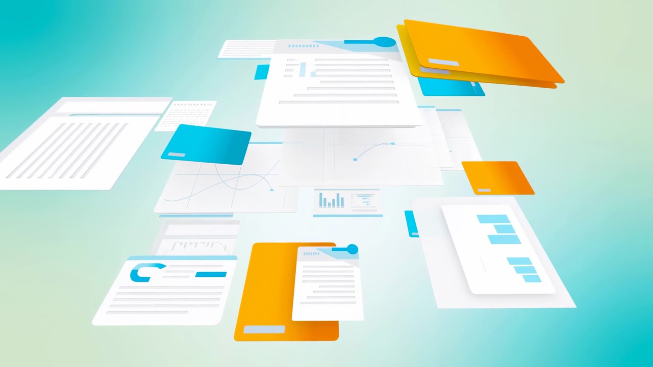 Abstract office papers, report pages, and small cards drift across a turquoise and white gradient scene with orange and blue accents, creating a clean modern