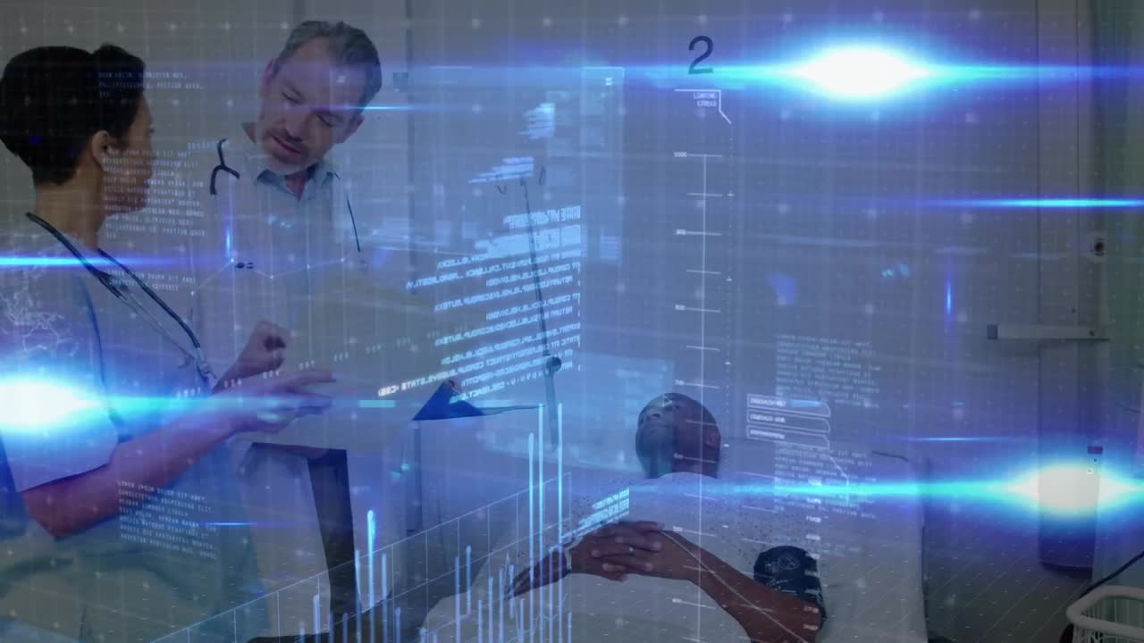 Data processing over caucasian male doctor and female health worker discussing reports at hospital