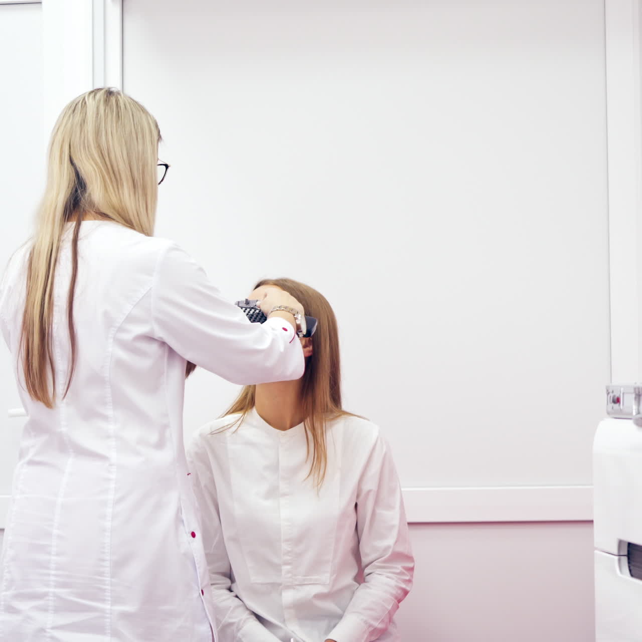 Ophthalmologist selecting diopter to a woman, using optical equipment. Eye examination and selection of spectacle lenses for a patient in clinic.