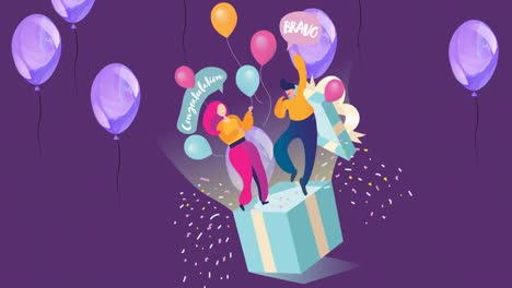 Animation-Von-Schwebenden-Luftballons,-Menschen-Auf-Einer-Geschenkbox-Und-Glückwünschen-Auf-Violettem-Hintergrund