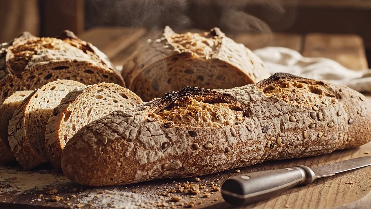 Artisan Freshly Baked Crusty Bread Being Sliced on Wooden Board