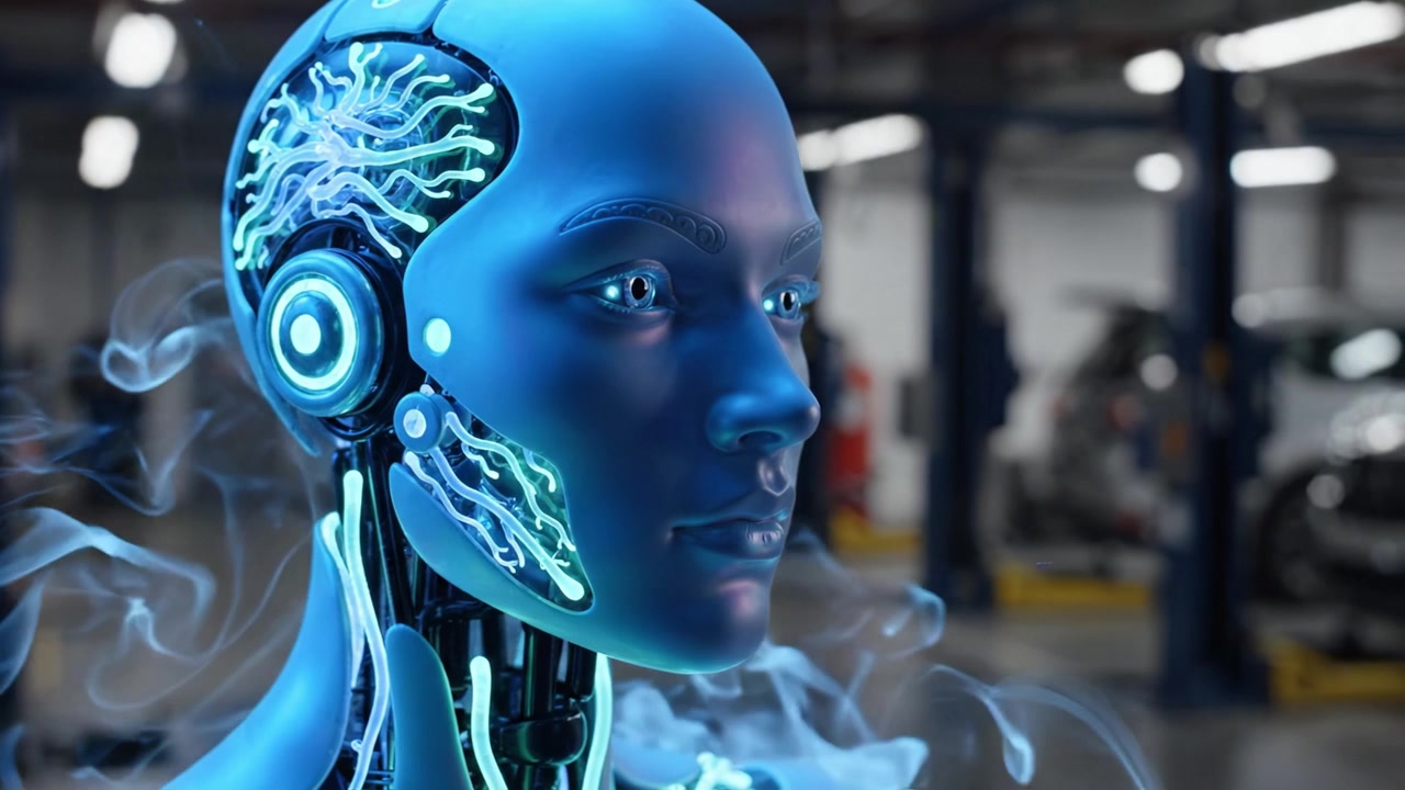 A futuristic humanoid robot with intricate neural circuitry and glowing features, showcasing advanced technology in a modern workshop environment