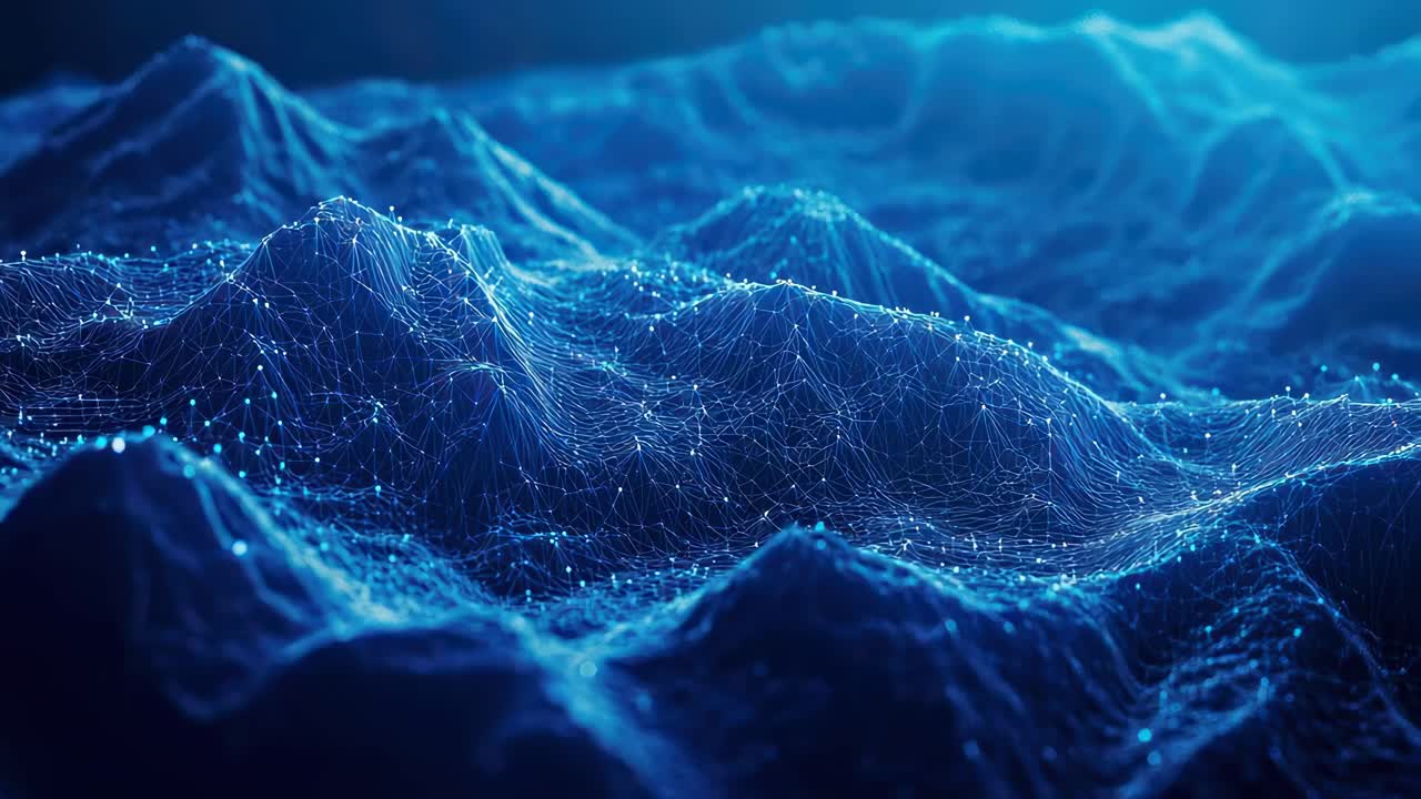 Aerial view of a digital landscape with blue wireframe mountains, resembling a futuristic video game